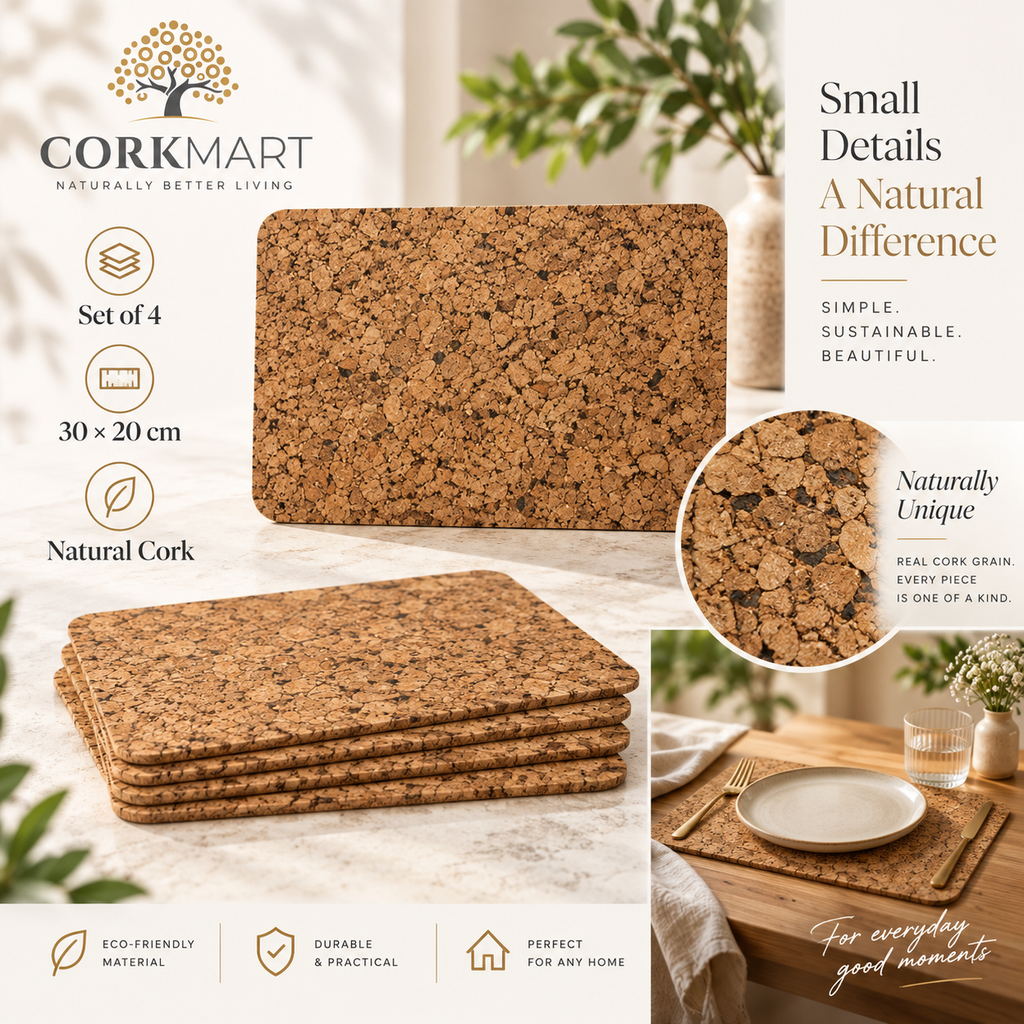 Small rectangular cork placemats — set of 4, 300 × 200 × 3 mm, material and lifestyle overview