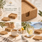 Square cork coaster and bottle holder editorial collage with official CorkMart branding