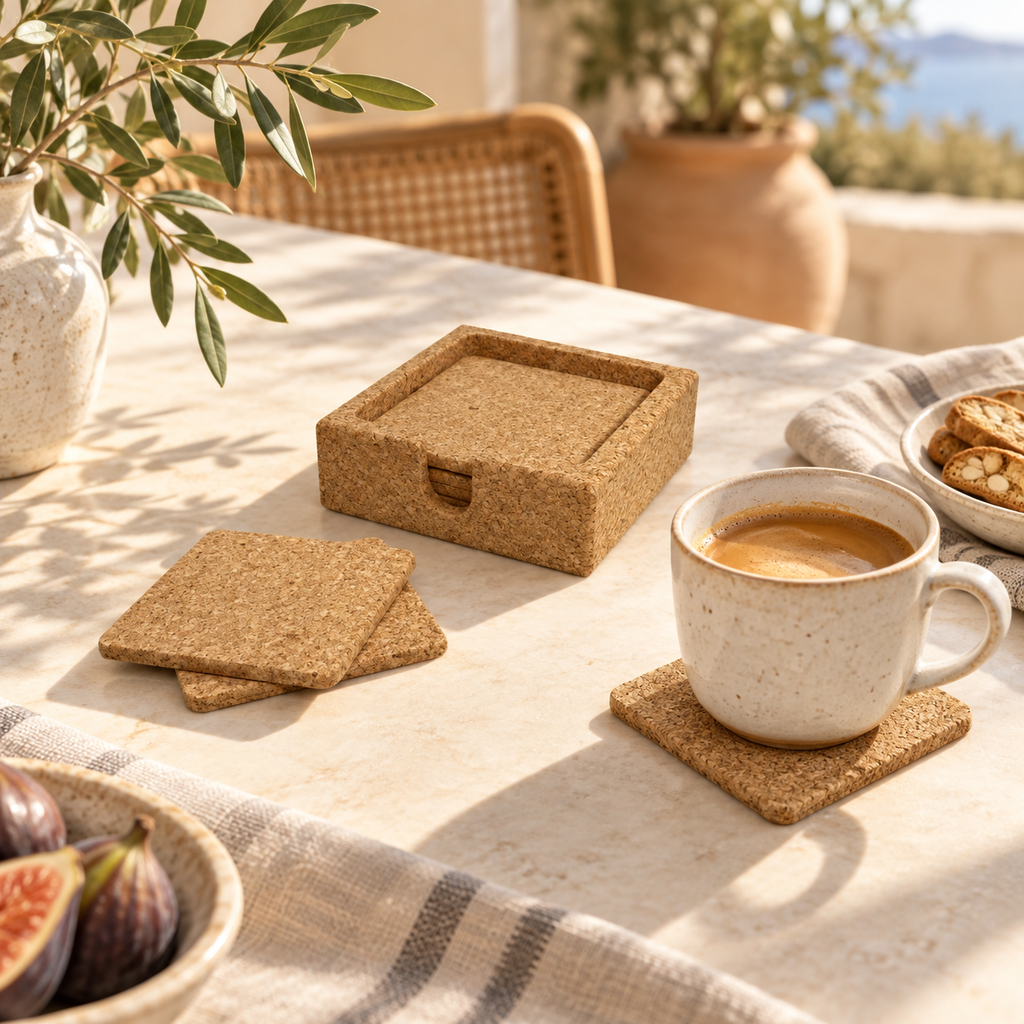 Square cork coaster and bottle holder set in a bright coffee table setting