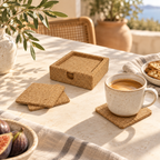Square cork coaster and bottle holder set in a bright coffee table setting