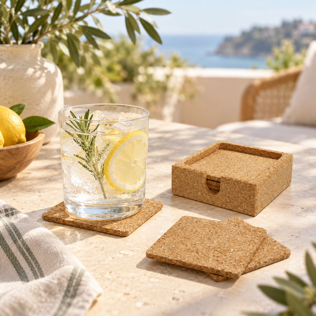 Square cork coaster and bottle holder set in a bright Mediterranean cold-drink setting