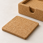 Macro close-up of square natural cork coasters and matching holder