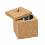 Square cork cooler with lid, angled studio view showing cube form, cork lid loop and metal interior