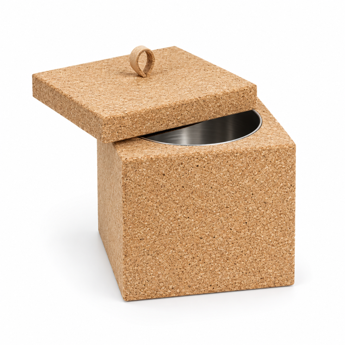 Square cork cooler with lid, 140 × 140 × 140 mm, natural cork with metal interior on white background