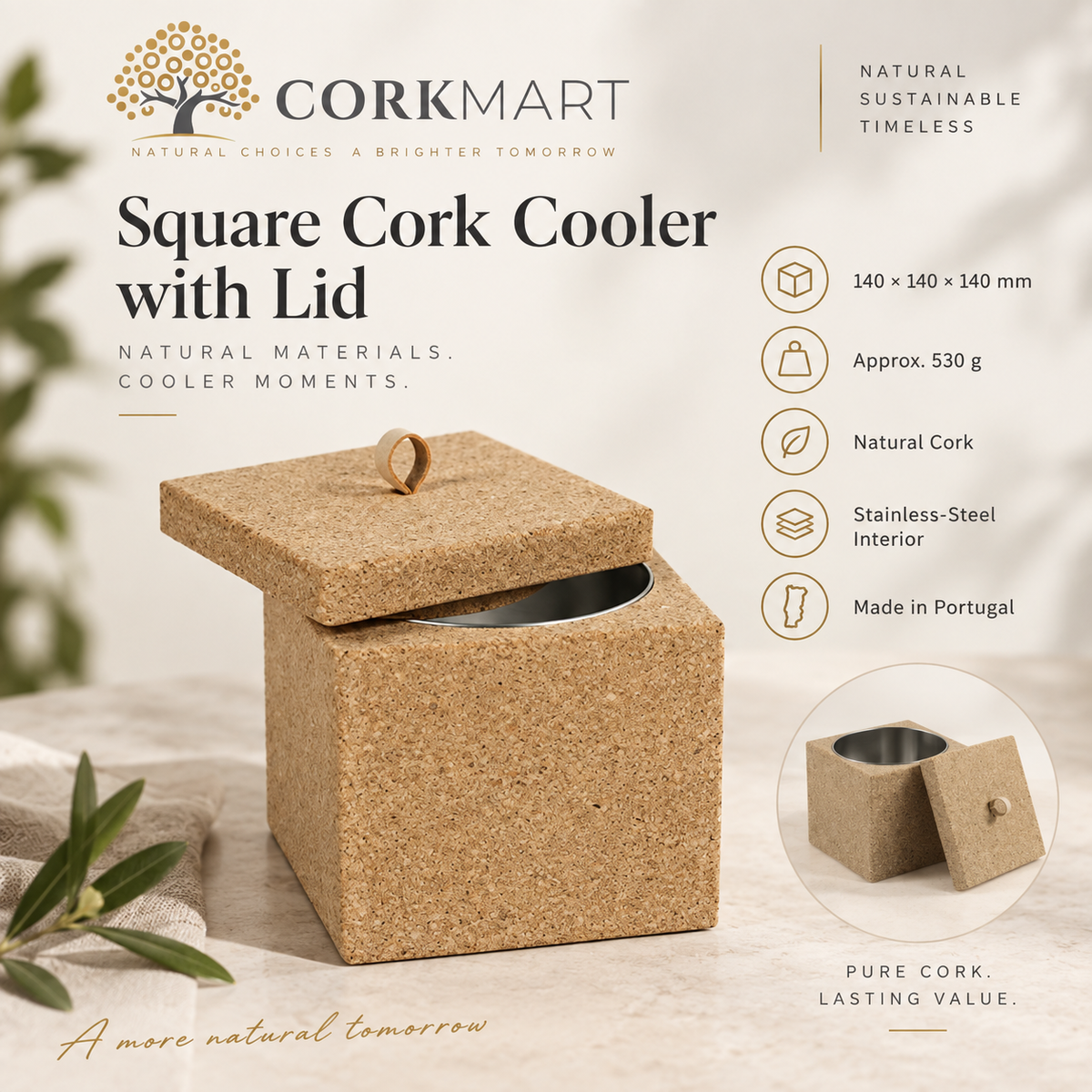 Square cork cooler infographic with 140 × 140 × 140 mm dimensions, 530 g weight, natural cork, metal interior and Made in Portugal