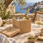 Square cork cooler with chilled bottle, removable lid and glasses in a Mediterranean lifestyle setting