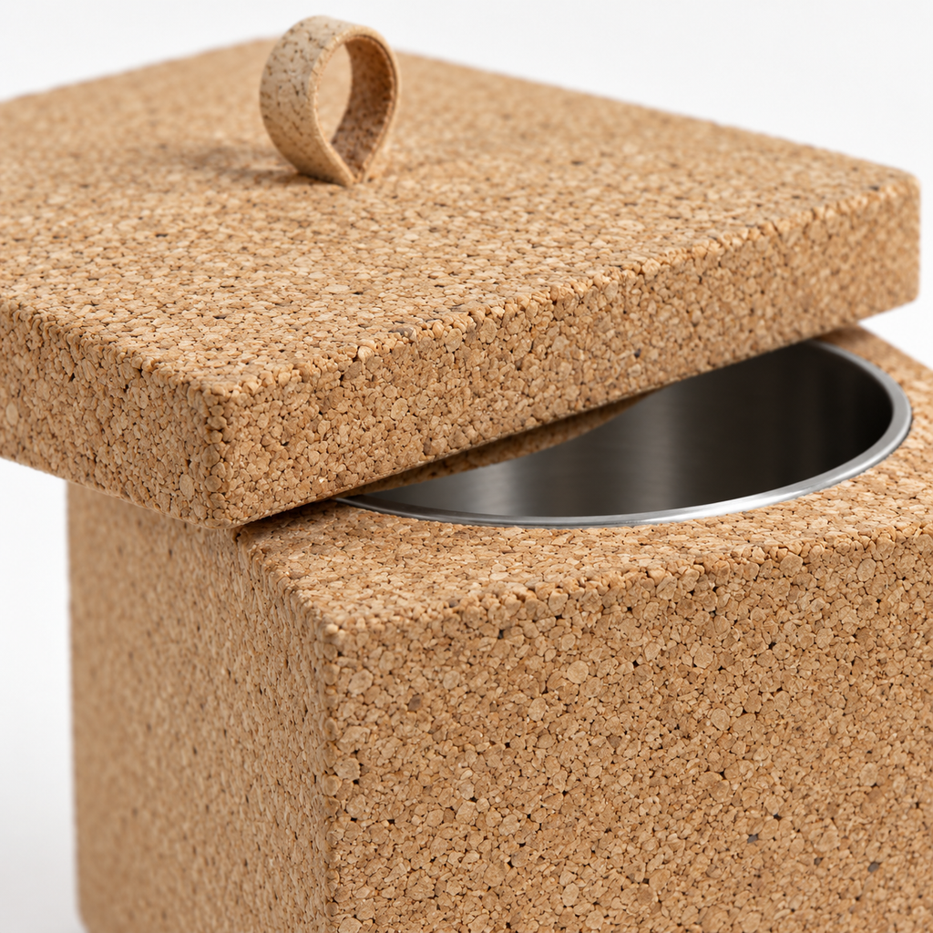 Macro detail of natural cork texture, lid edge, loop detail and metal insert on square cork cooler