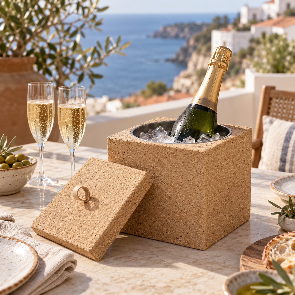 Square cork cooler used with chilled sparkling wine and ice in a Mediterranean dining setting
