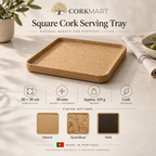 Square cork serving tray infographic with 30 × 30 cm dimensions, 30 mm profile, weight, finishes and Made in Portugal