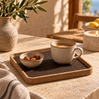 Square Dark cork serving tray in a warm Mediterranean lifestyle setting
