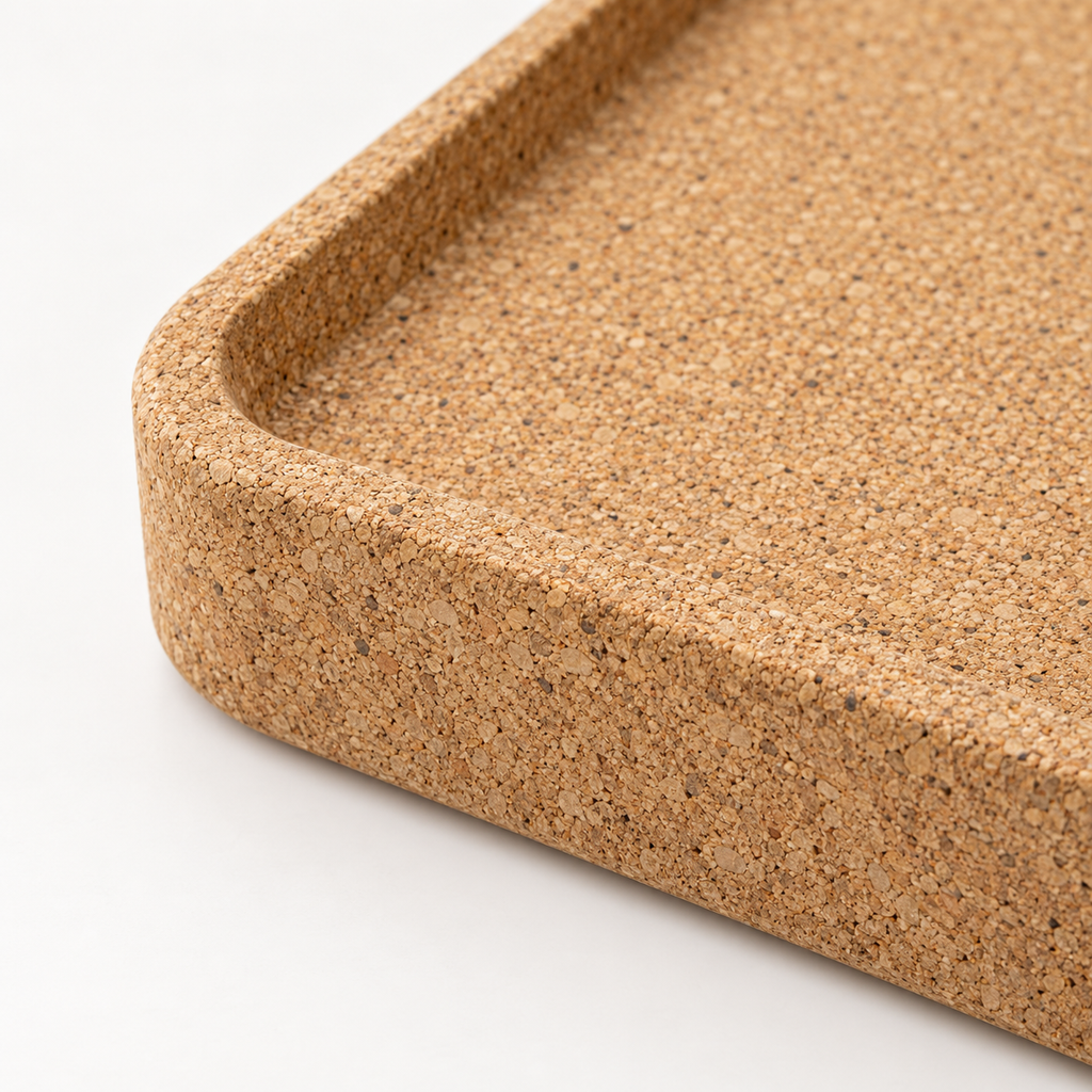 Macro detail of square cork serving tray texture, rounded corner and raised rim
