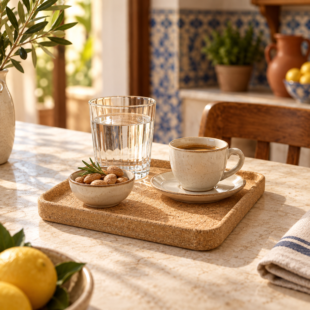 Square natural cork serving tray used for coffee, water and almonds in a Mediterranean kitchen