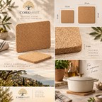 Square cork trivet editorial collage with official CorkMart logo, 9 mm thickness, 15 × 15 cm and 20 × 20 cm sizes