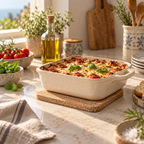 Square cork trivet supporting a hot serving dish in a bright Mediterranean kitchen setting