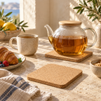 Square cork trivet in a bright Mediterranean tea table setting