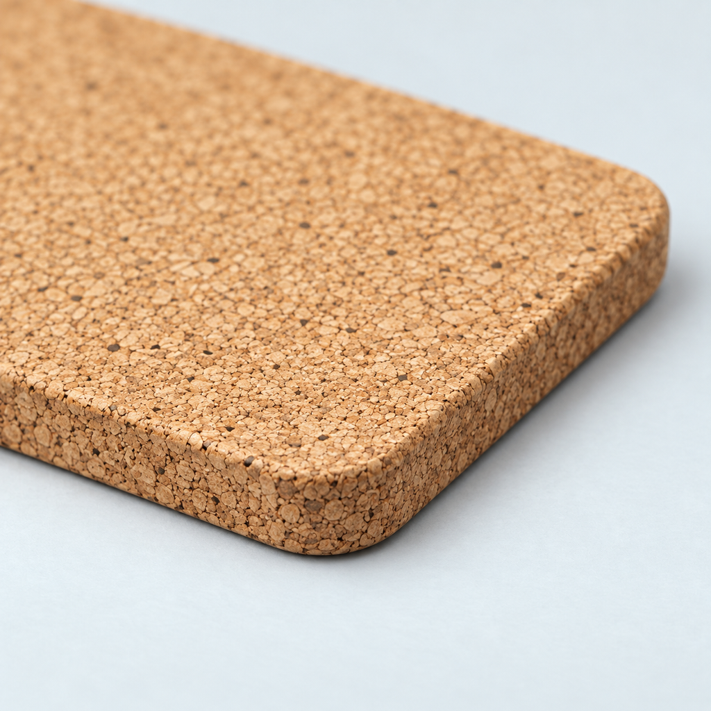 Macro close-up of natural square cork trivet texture and 9 mm edge
