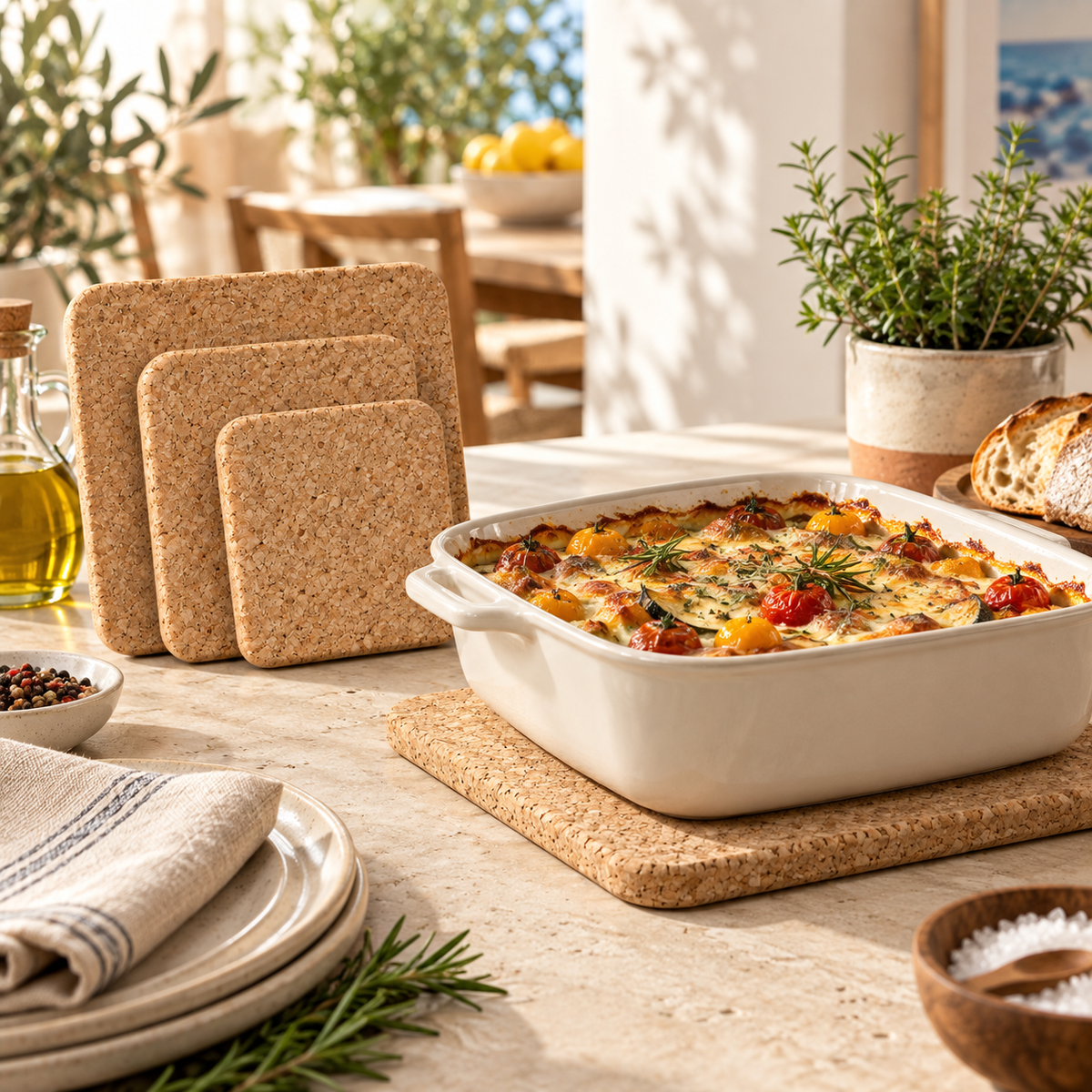 Square cork trivet set in a bright Mediterranean kitchen with a hot serving dish