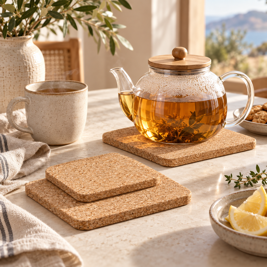Square cork trivet set of three in a warm Mediterranean tea setting