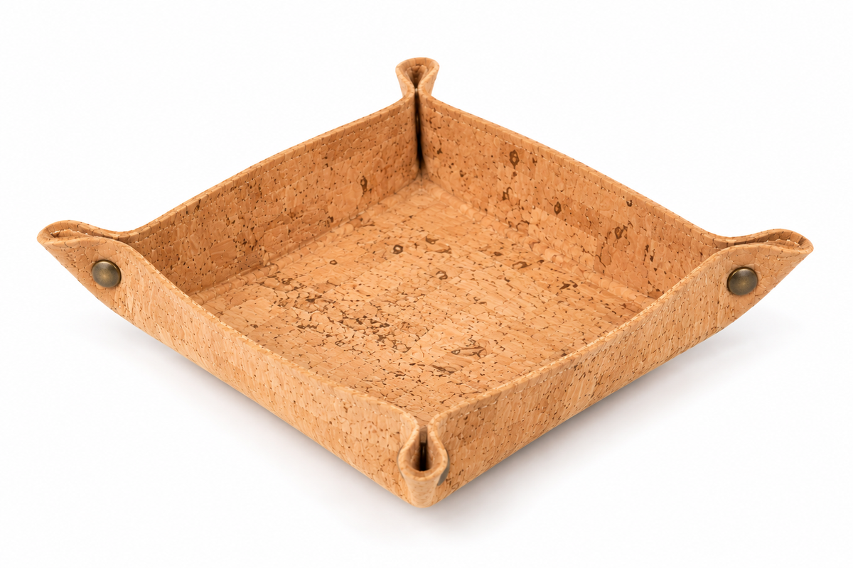 Square Cork Valet Tray Natural Finish — Standard angled view showing folded corners