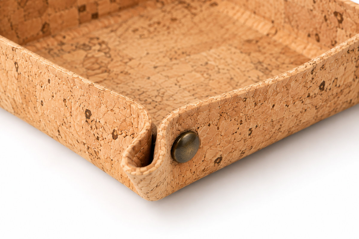 Square Cork Valet Tray Natural Finish — close-up of cork texture and metal corner rivet