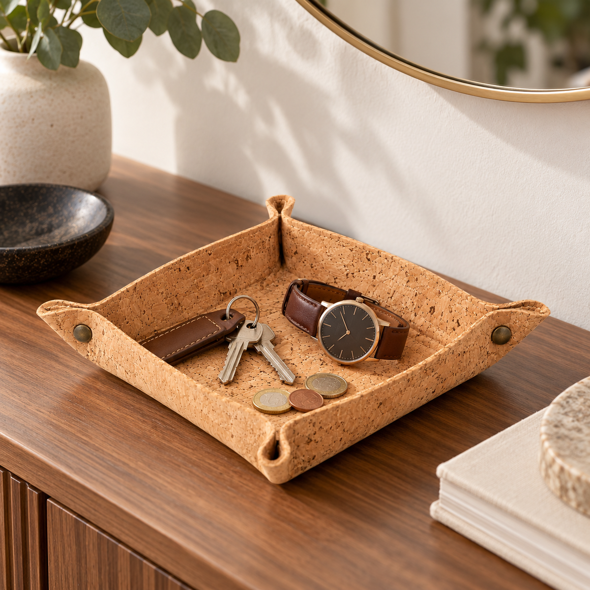 Square Cork Valet Tray Natural Finish — Standard used on an entryway console with everyday essentials