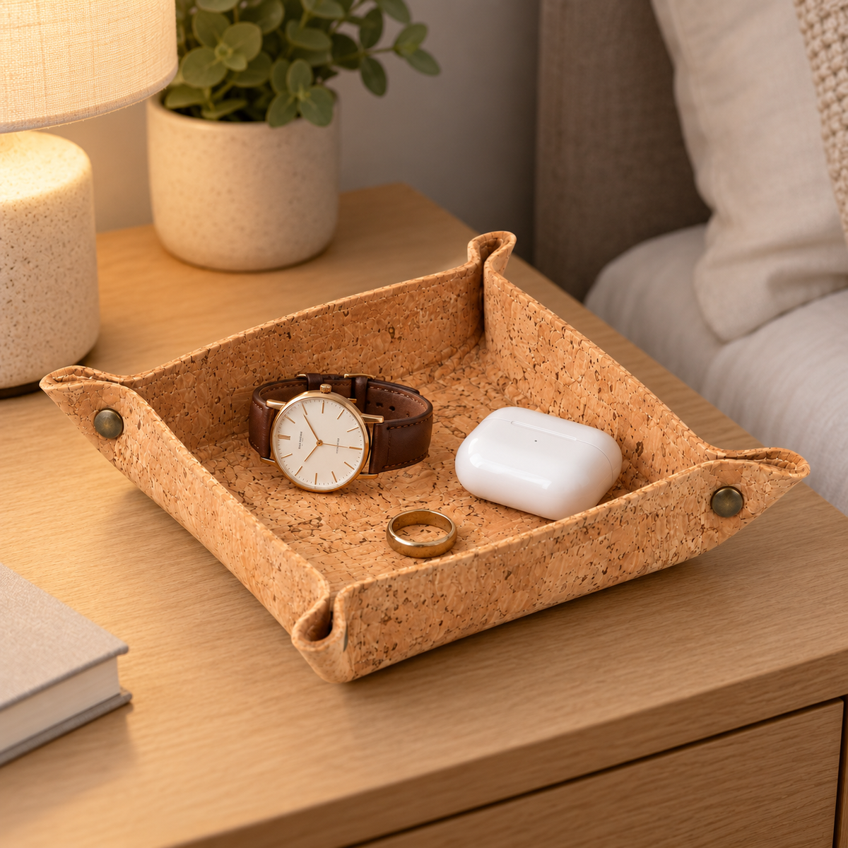 Square Cork Valet Tray Natural Finish — Standard used on a bedside table