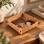 Square Cork Valet Tray Natural Finish — Standard in a warm premium lifestyle setting