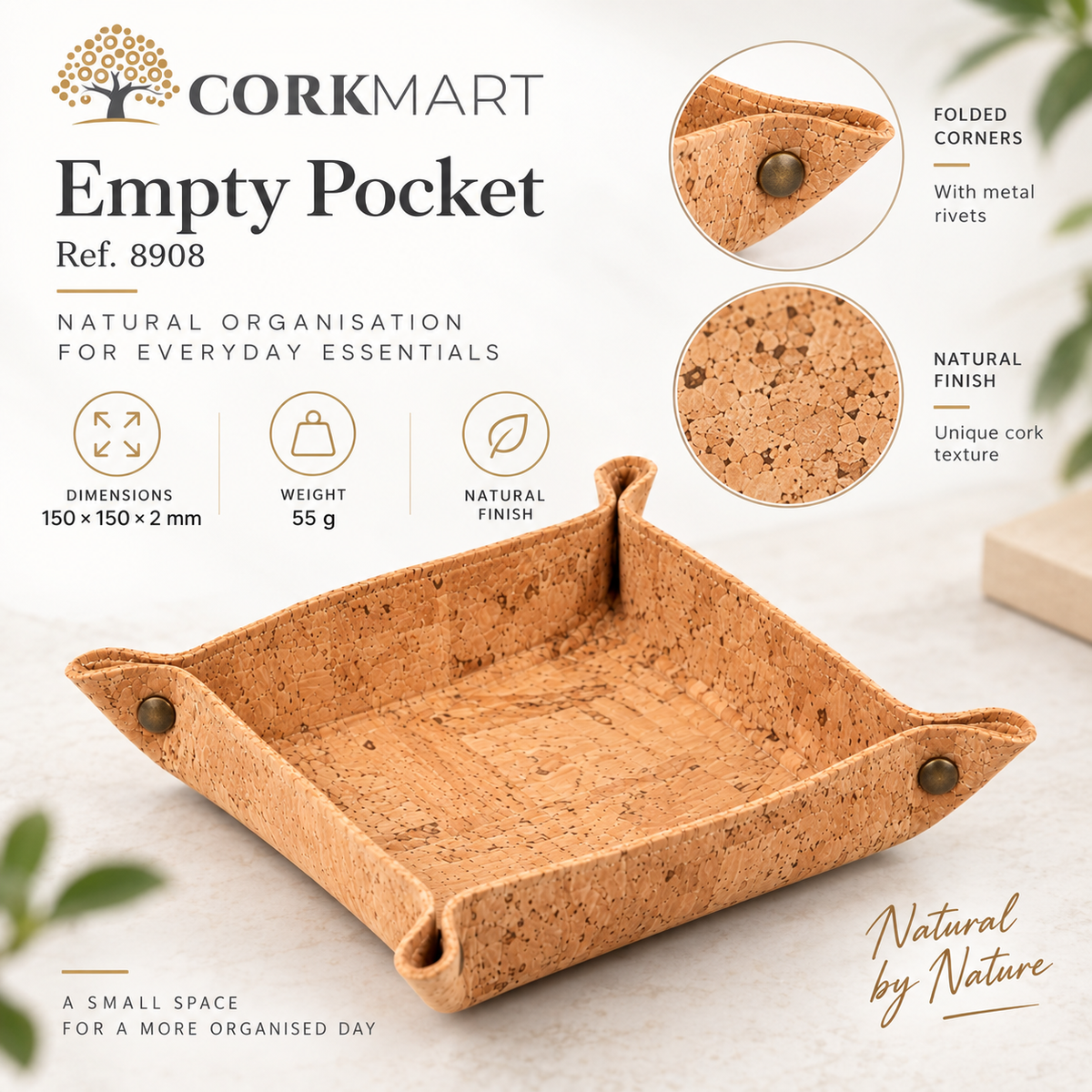 CorkMart infographic — Empty Pocket Ref. 8908 Natural Finish, 150 × 150 × 2 mm, 55 g