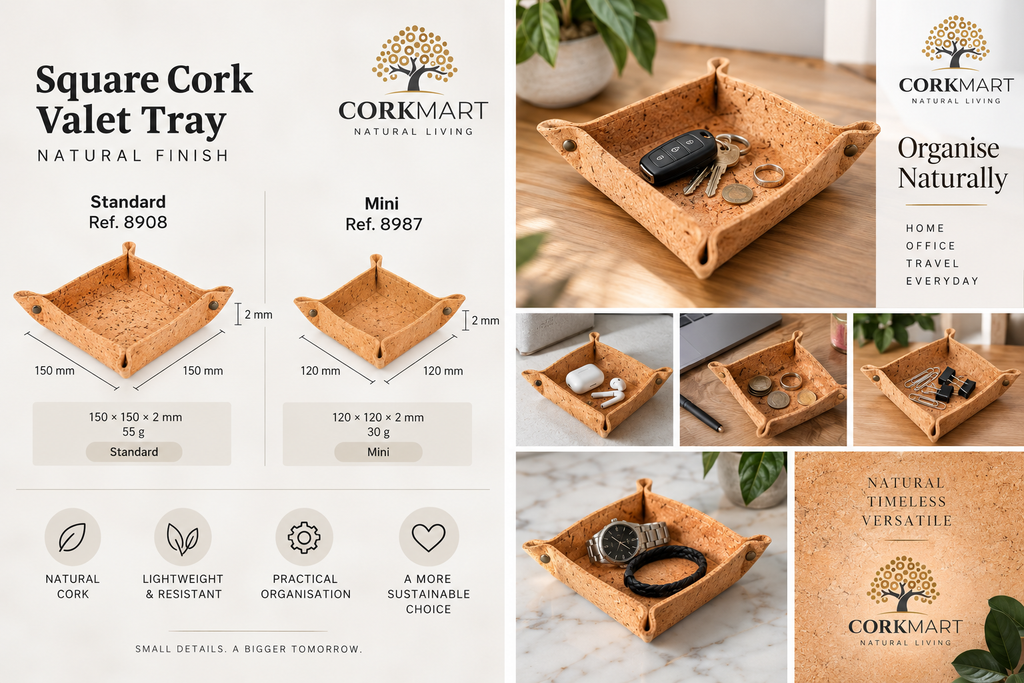 Square Cork Valet Tray Natural Finish — Standard Ref. 8908 and Mini Ref. 8987 comparison infographic