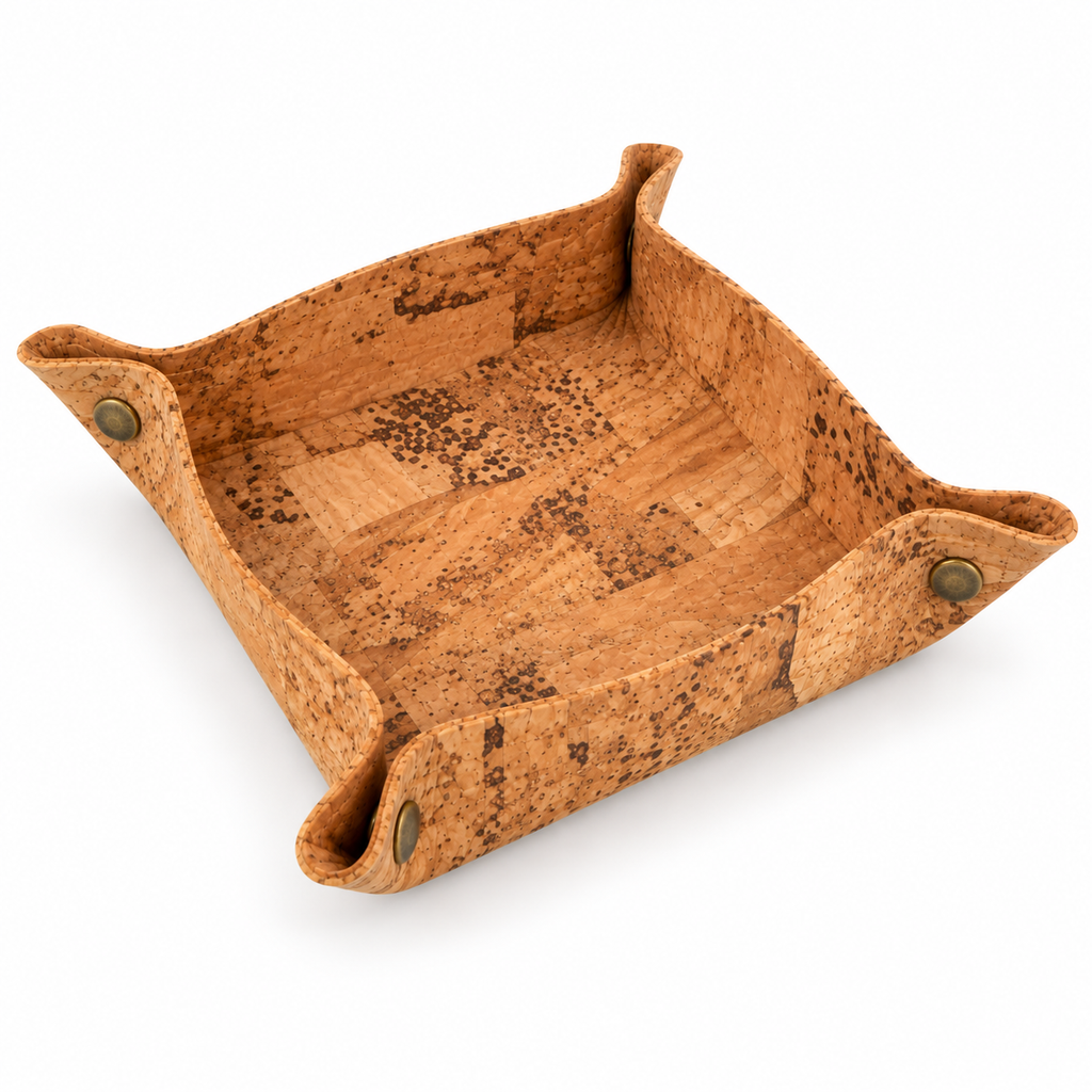 Square cork valet tray Rustic Finish shown from an angled studio view