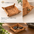 Square Cork Valet Tray Rustic Finish editorial collage with product and detail views
