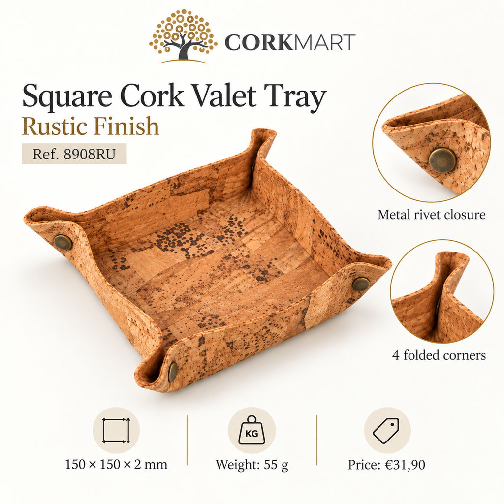 Square Cork Valet Tray Rustic Finish infographic with dimensions, weight and details