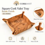 Square Cork Valet Tray Rustic Finish infographic with dimensions, weight and details
