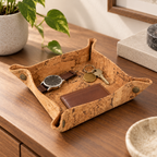 Square Rustic cork valet tray in a warm natural interior setting