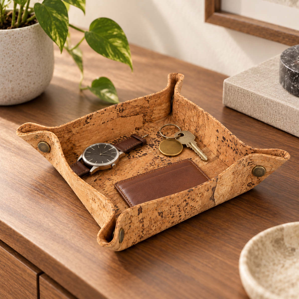 Square Rustic cork valet tray in a warm natural interior setting