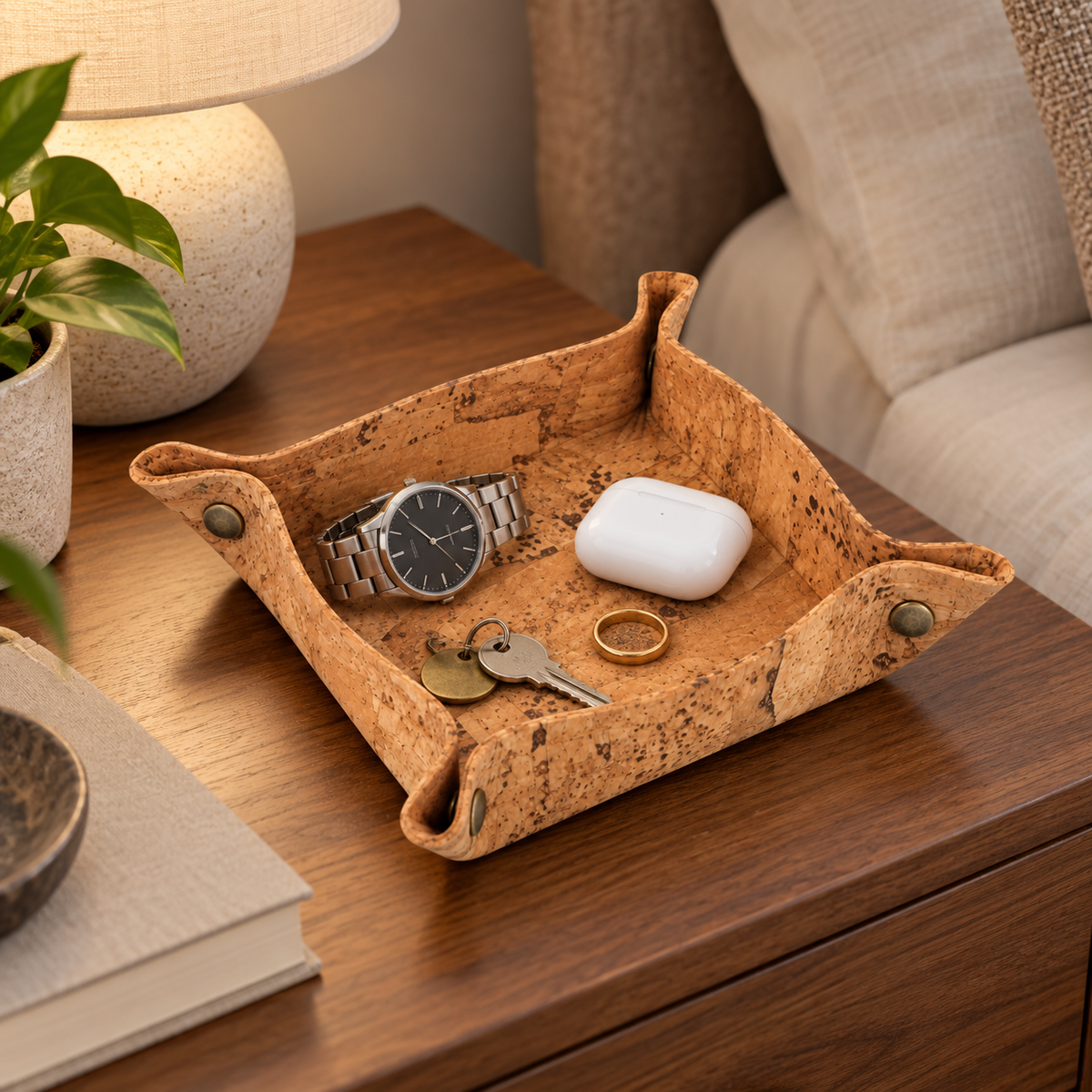 Rustic cork valet tray on a bedside table with small everyday accessories