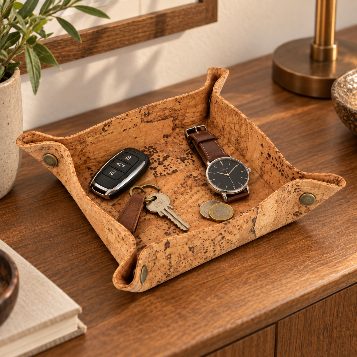 Rustic cork valet tray used on an entryway console for keys, watch and coins