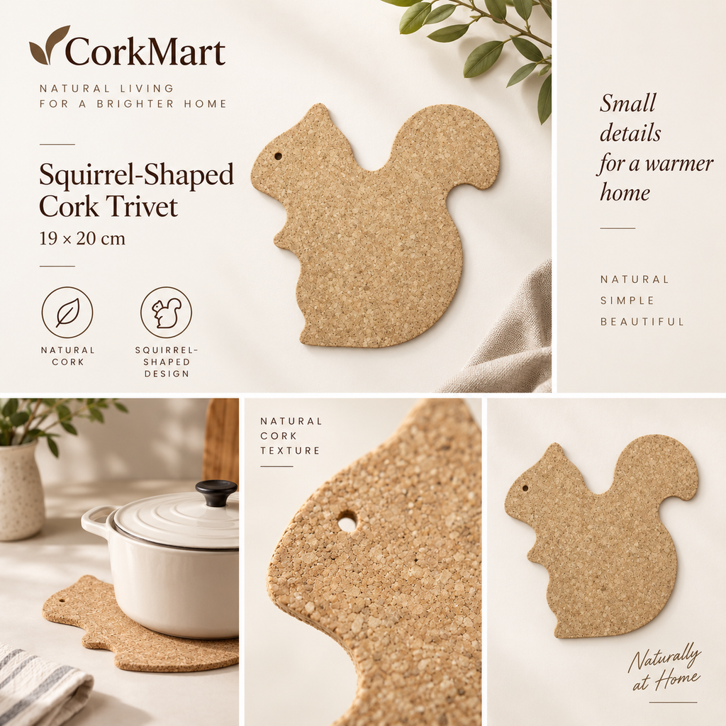 Squirrel-Shaped Cork Trivet editorial collage with CorkMart branding