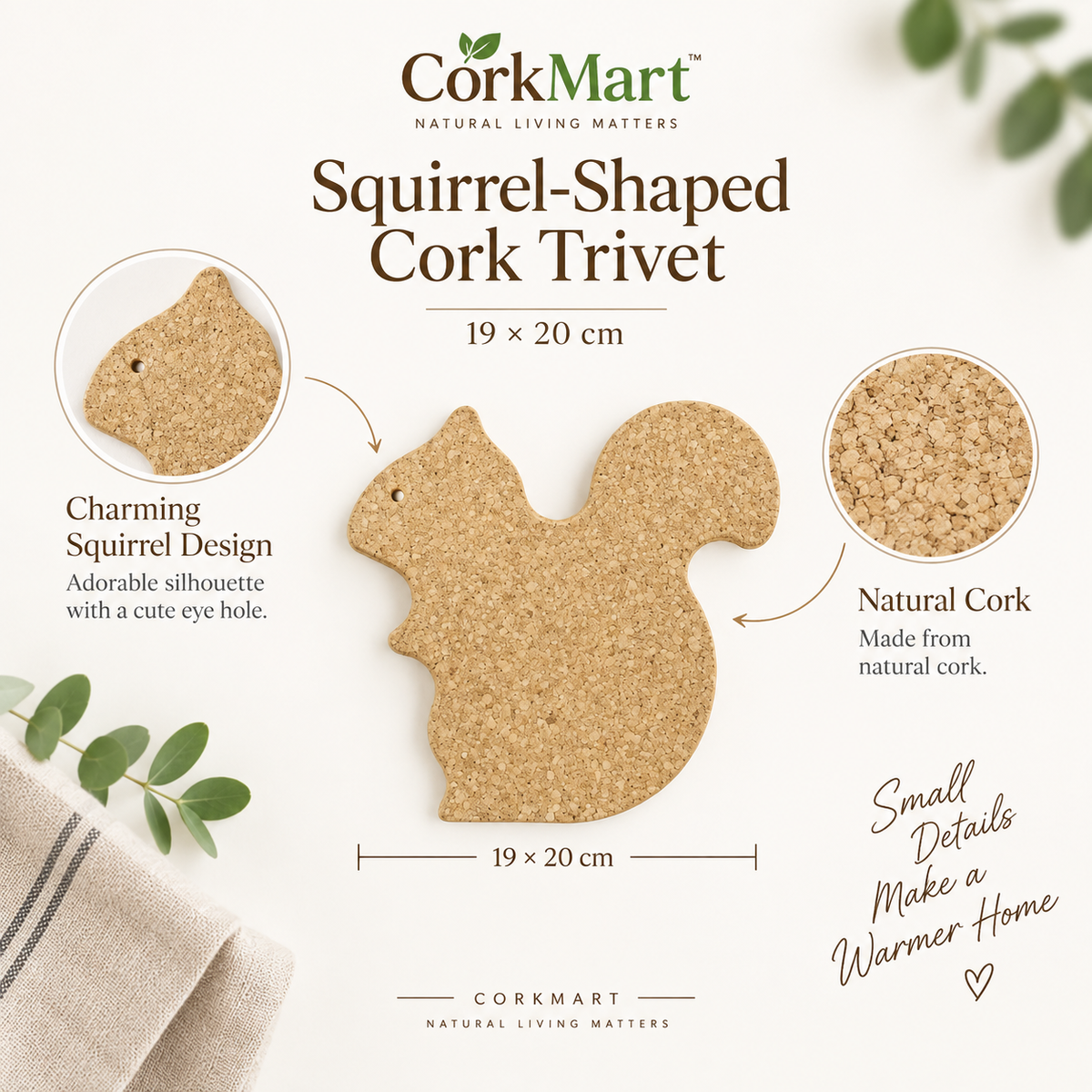 Squirrel-Shaped Cork Trivet infographic with CorkMart branding