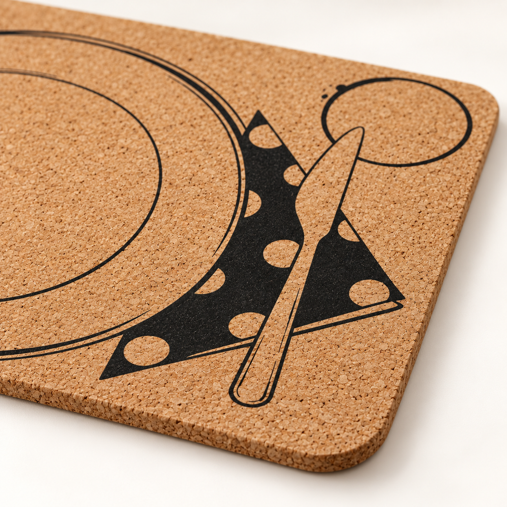 Macro close-up of Table Service cork placemat surface, rounded corner and printed table-setting motif