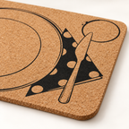 Macro close-up of Table Service cork placemat surface, rounded corner and printed table-setting motif
