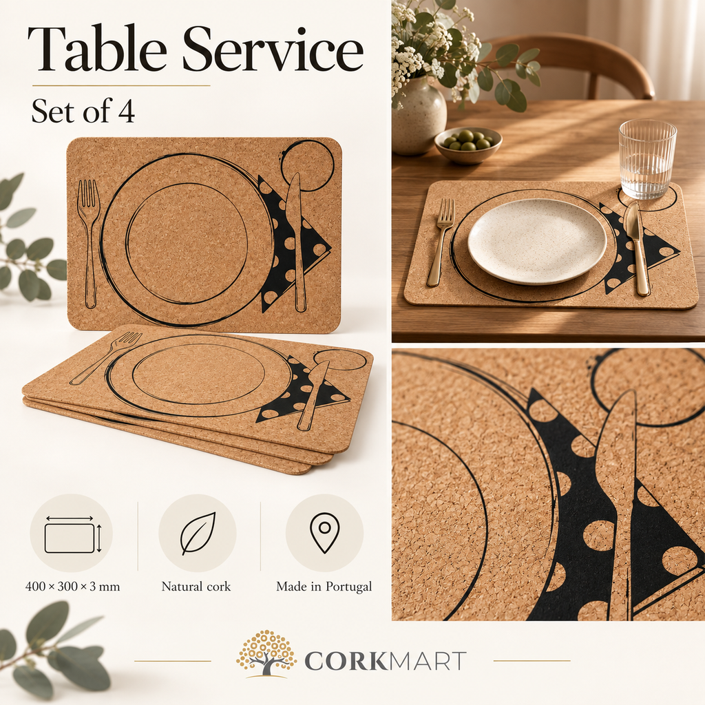 Table Service cork placemats — set of 4, dimensions, material and lifestyle overview
