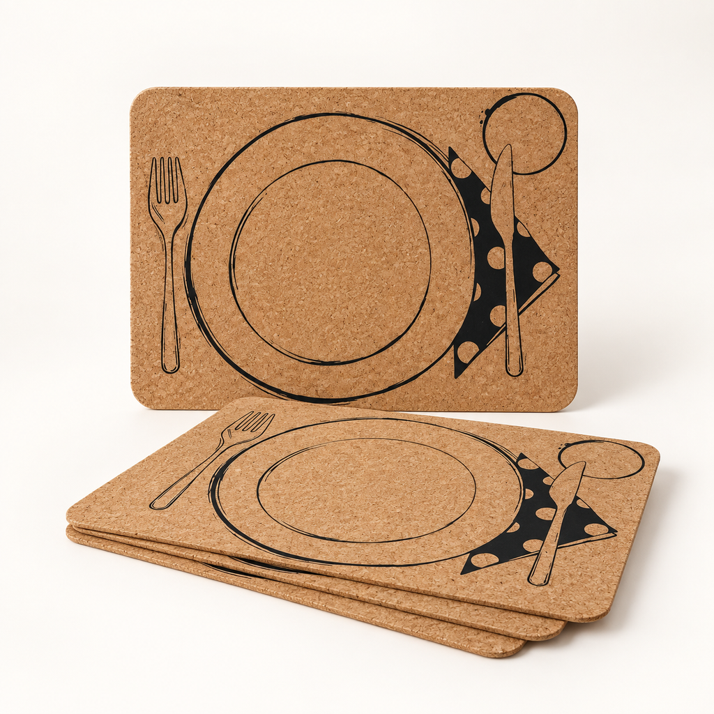 Table Service cork placemats, set of 4, 400 × 300 × 3 mm — premium studio hero