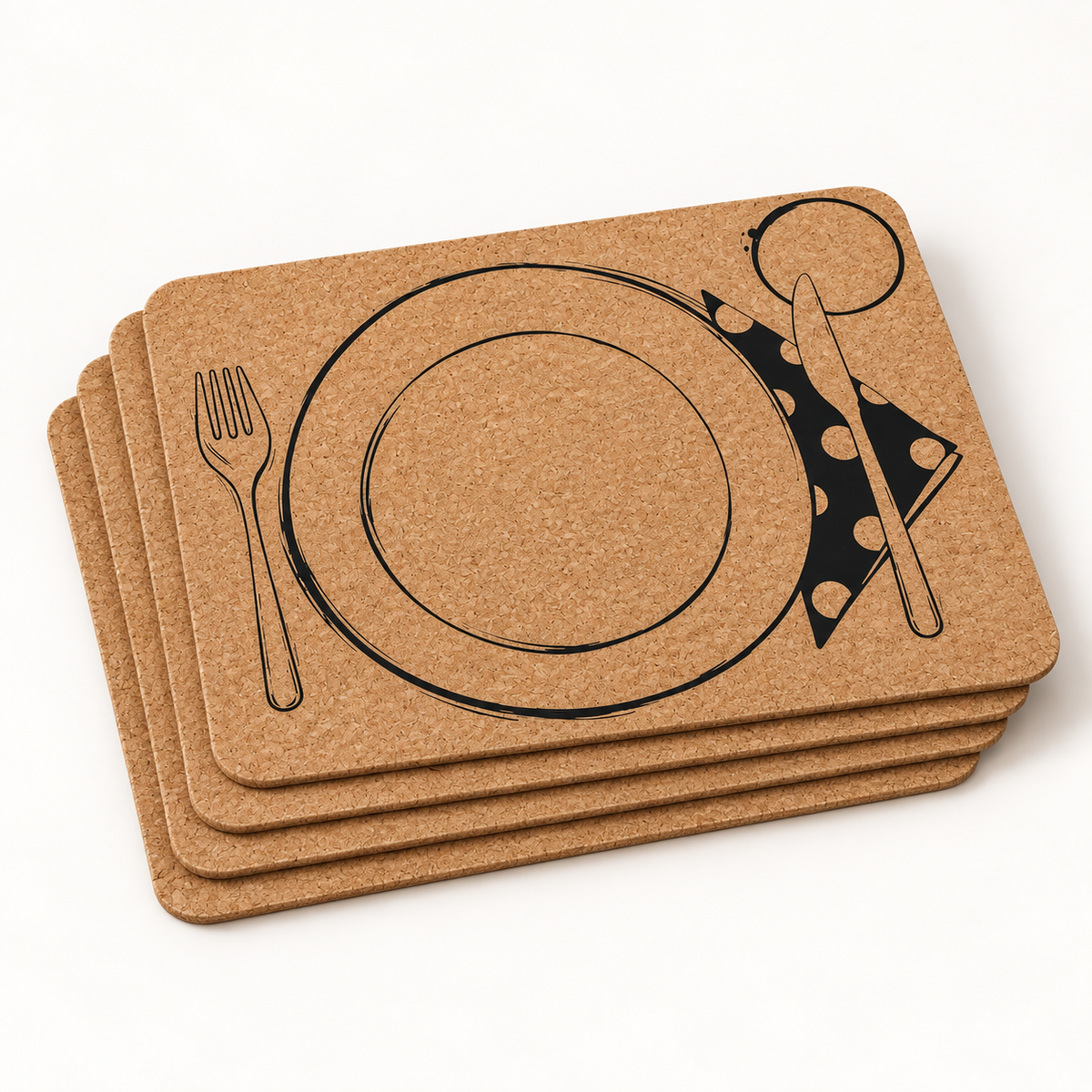 Stack of four Table Service cork placemats showing thin profile, rounded corners and printed motif