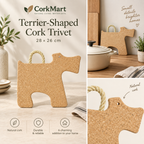 Terrier-Shaped Cork Trivet editorial collage with CorkMart branding