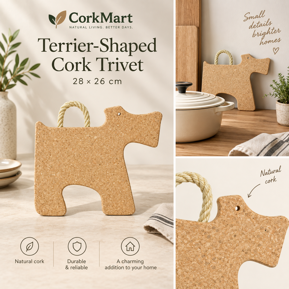 Terrier-Shaped Cork Trivet editorial collage with CorkMart branding