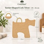 Terrier-Shaped Cork Trivet infographic with CorkMart branding