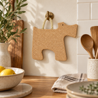 Terrier-Shaped Cork Trivet hanging in a warm kitchen setting