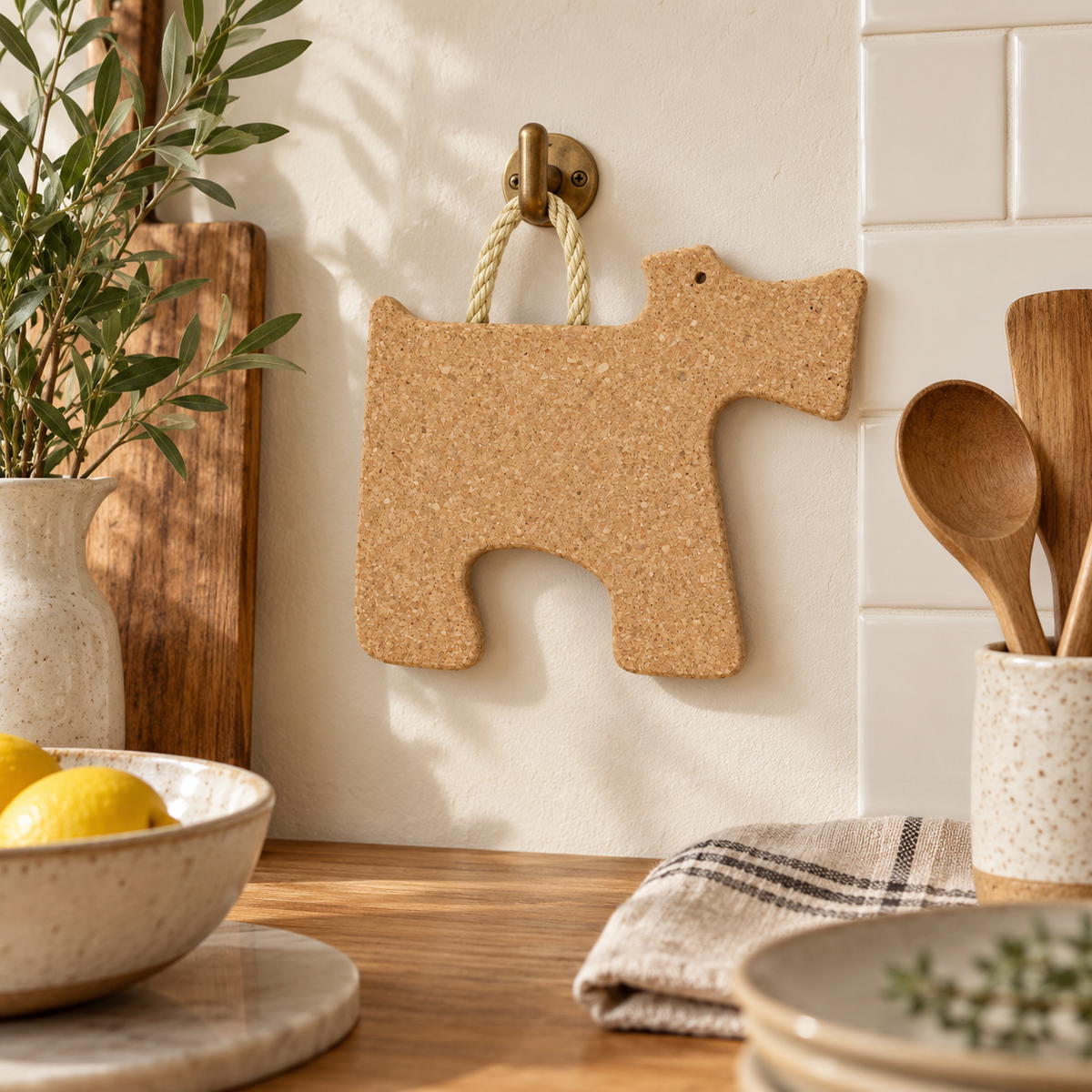 Terrier-Shaped Cork Trivet hanging in a warm kitchen setting