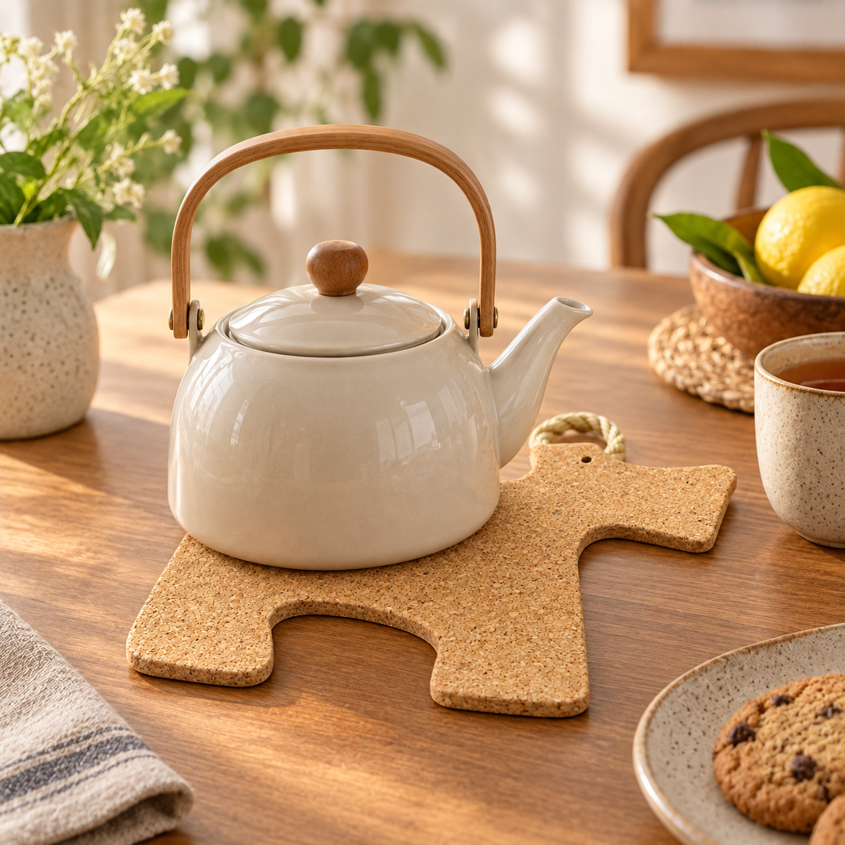 Terrier-Shaped Cork Trivet used under a teapot